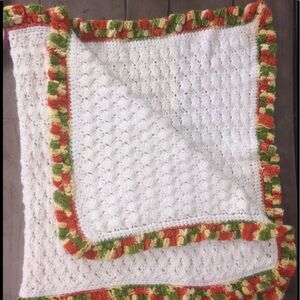 Hand Crocheted Ruffled Baby Blanket Orange Green